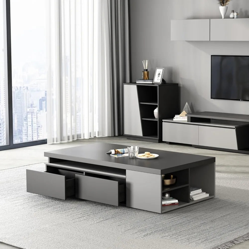 TROEC Extendable Modern Coffee Table with Large Storage Drawers, Black & Grey