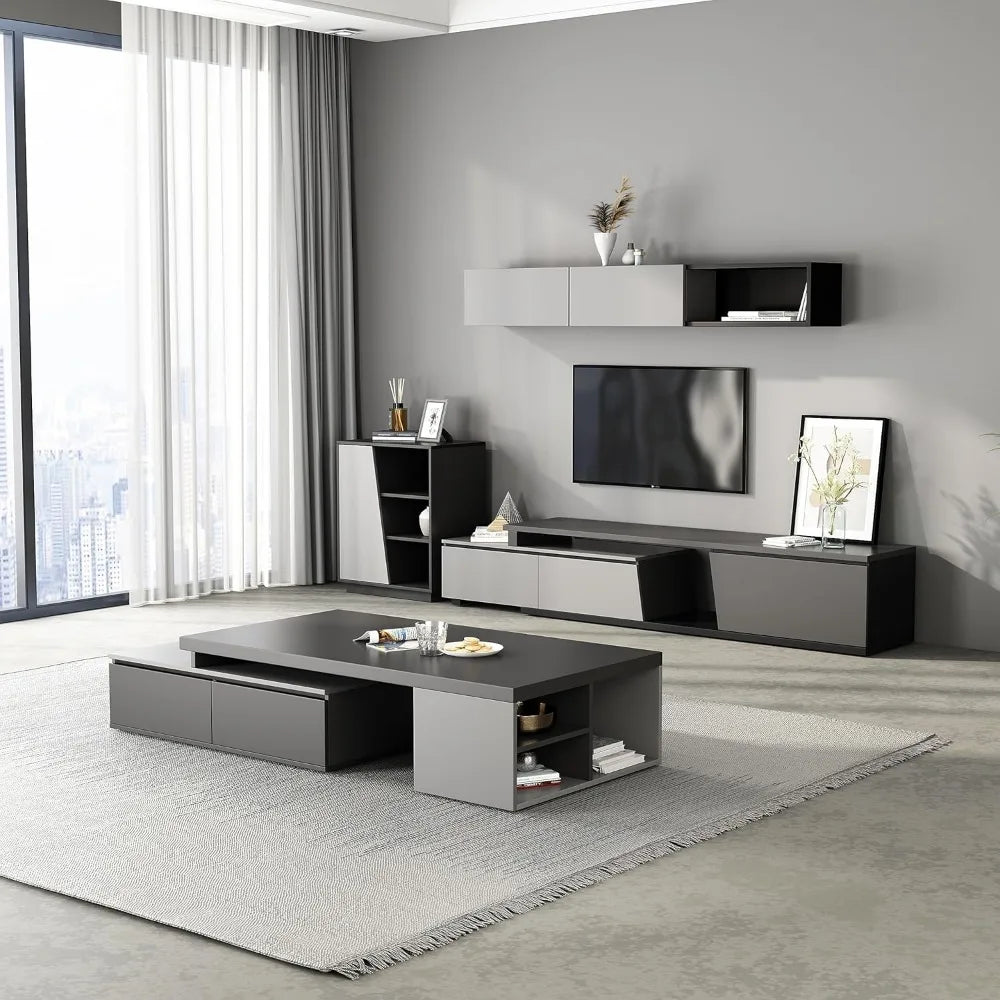 TROEC Extendable Modern Coffee Table with Large Storage Drawers, Black & Grey