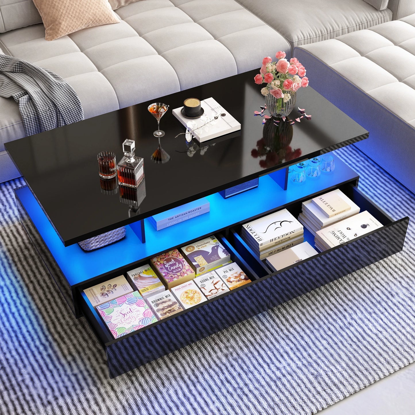 43 Inch LED Coffee Table w/2 Storage Drawers, Modern High Gloss Coffee Table w/Display Shelf, Rectangle 2-Tier Center Table