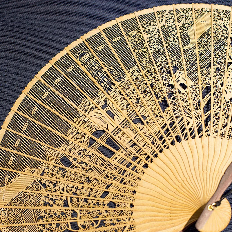 Chinese Sandalwood Fan - 7-inch Burmese incense wood hollowed-out carved folding fan, Chinese-style gift fan