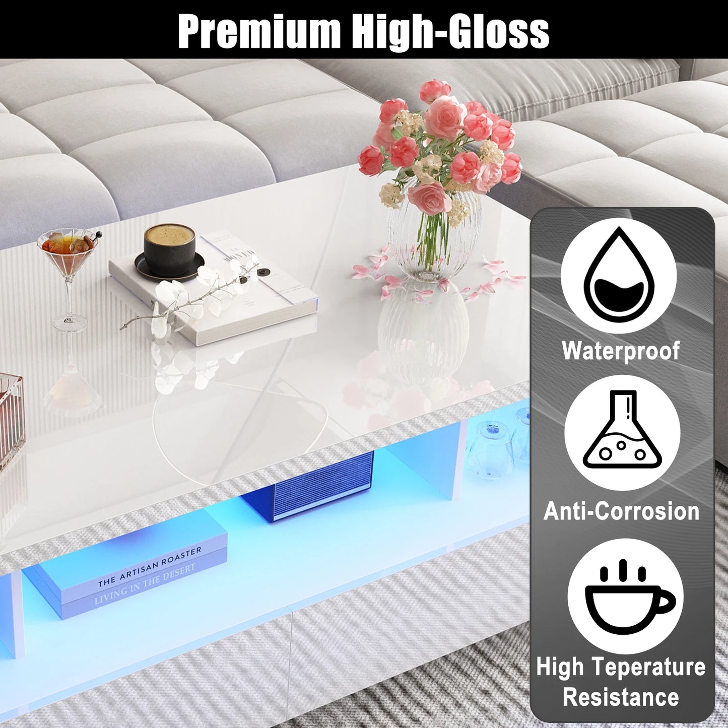 43 Inch LED Coffee Table w/2 Storage Drawers, Modern High Gloss Coffee Table w/Display Shelf, Rectangle 2-Tier Center Table
