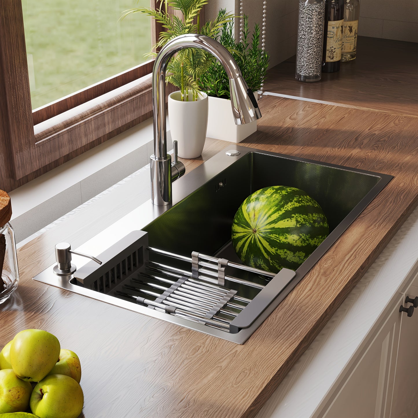 28" 30" 32" Kitchen Sink Stainless Steel Single Bowl Drop In Top Mount Imitation Honeycomb Nano Coating Single Bowl Kitchen Sink with Stainless Steel Drawable Faucet, Telescopic Basket, Soap Dispenser