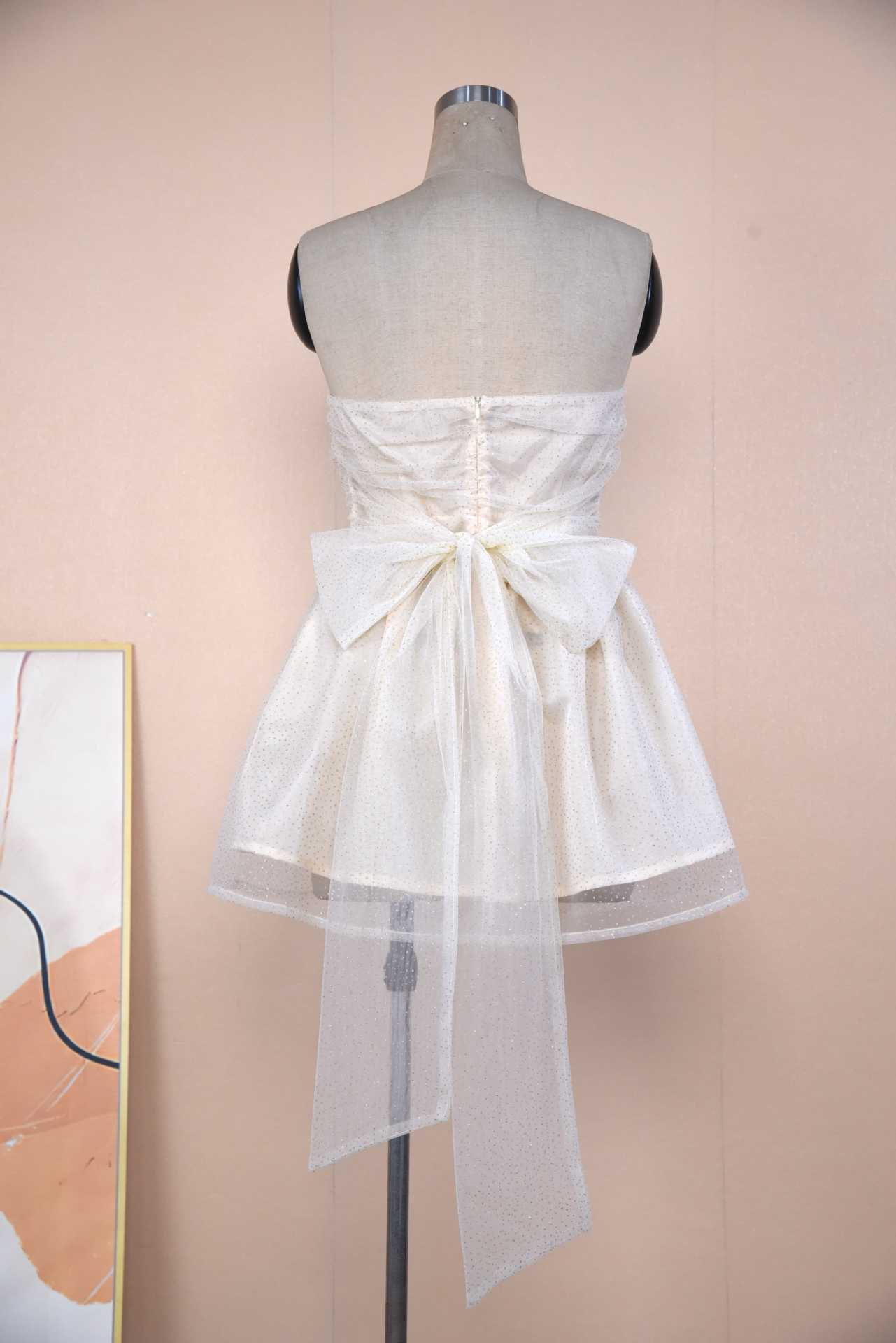 Tube Top Lace Dress With Back Bow-knot Summer Fashion Temperament Mesh Stitching Off-neck Short Skirt-c