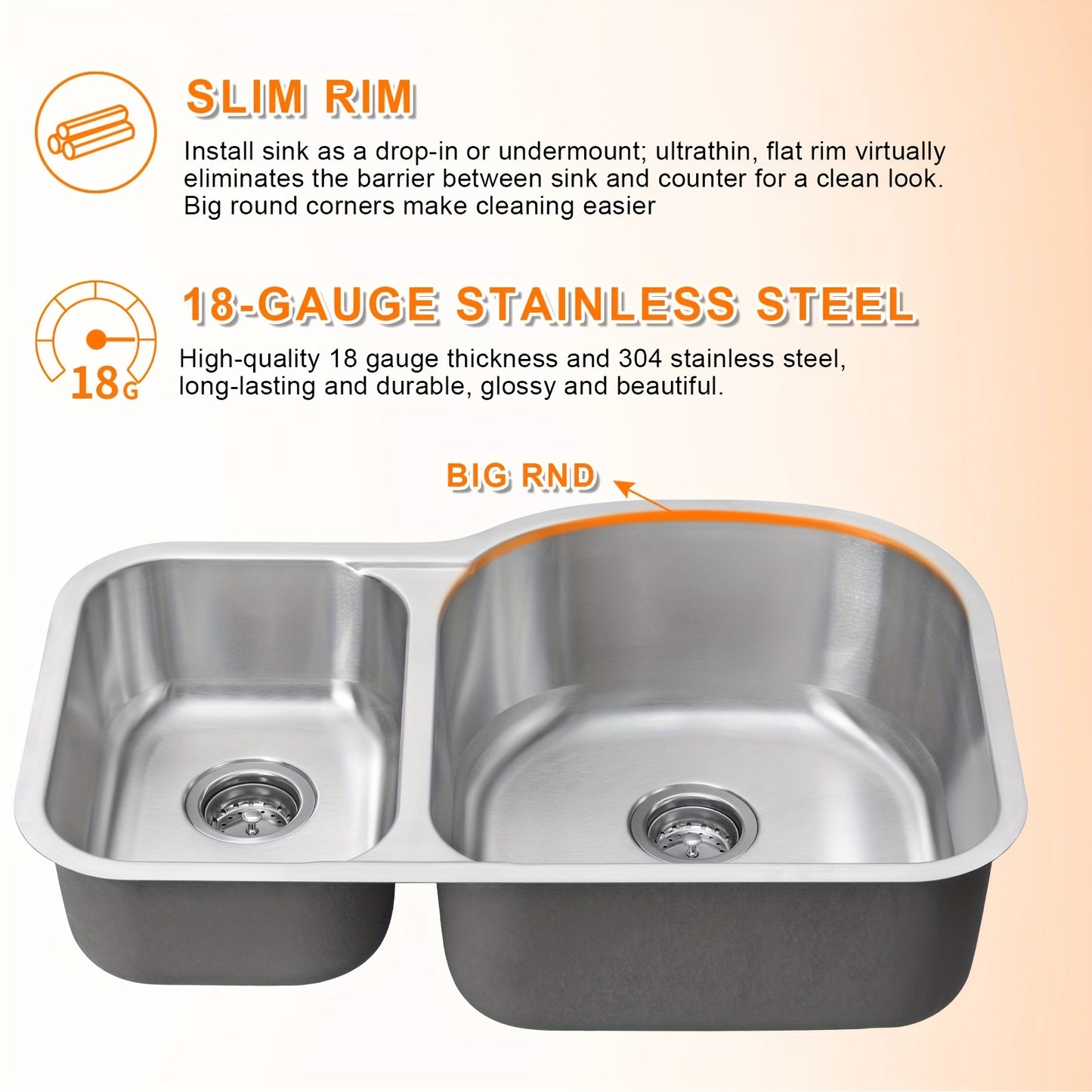 Precision-Crafted, Modern 9" Stainless Steel Undermount Kitchen Sink - Double Bowl, Soundproof Design with Accessories, Rust-Resistant & Easy Drainage, Basin Sink, 18 Gauge, JASSFERRY