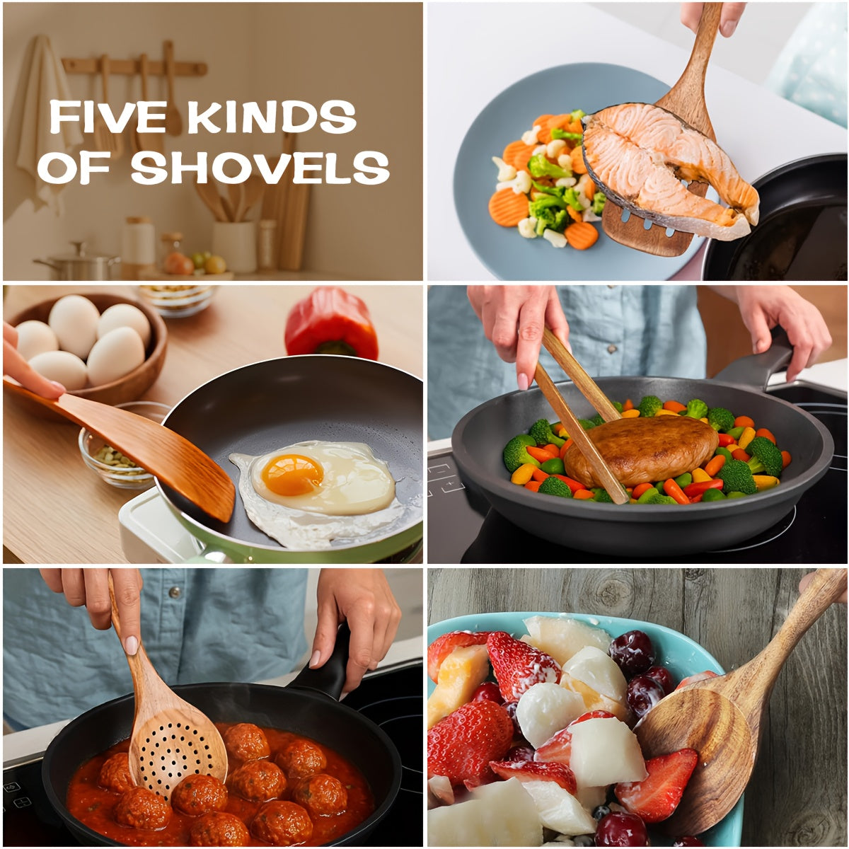 5pcs Premium Wooden Kitchen Utensils Kit -Ergonomic Handles Natural Wooden Spoons Spurtle Ladle and Wok Spatulas Heavy-Duty Wooden Utility Set for Non-Stick Pans Heat Resistant Easy to Clean and Durable Kitchen Essentials Coo