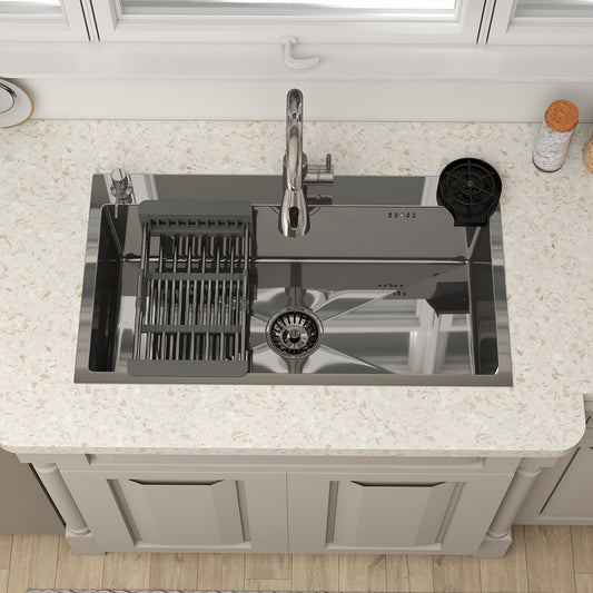 28" 30" 32" Kitchen Sink Stainless Steel Single Bowl Drop In Top Mount Imitation Honeycomb Nano Coating Single Bowl Kitchen Sink With Stainless Steel Drawable Faucet, Telescopic Basket, Soap Dispenser