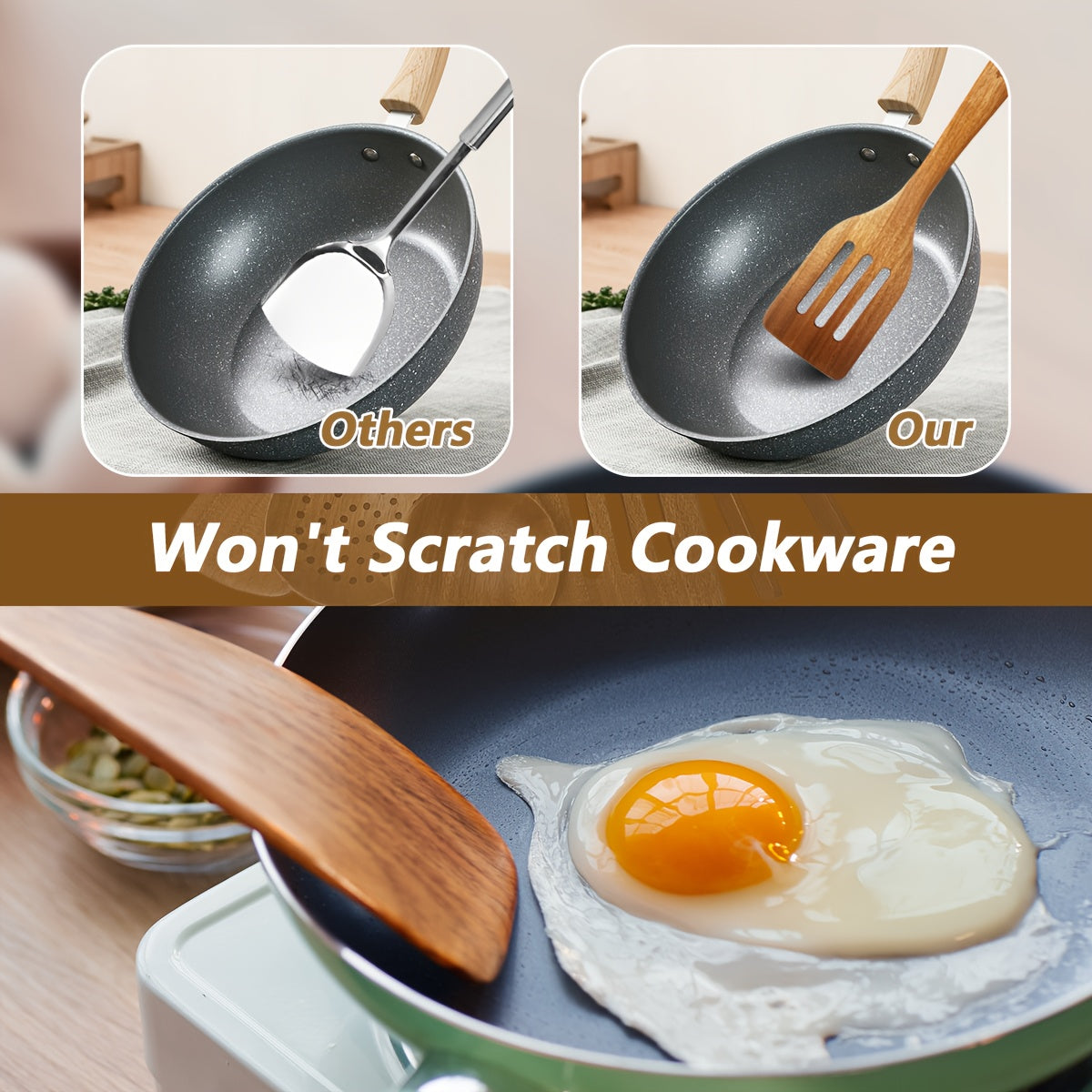 5pcs Premium Wooden Kitchen Utensils Kit -Ergonomic Handles Natural Wooden Spoons Spurtle Ladle and Wok Spatulas Heavy-Duty Wooden Utility Set for Non-Stick Pans Heat Resistant Easy to Clean and Durable Kitchen Essentials Coo