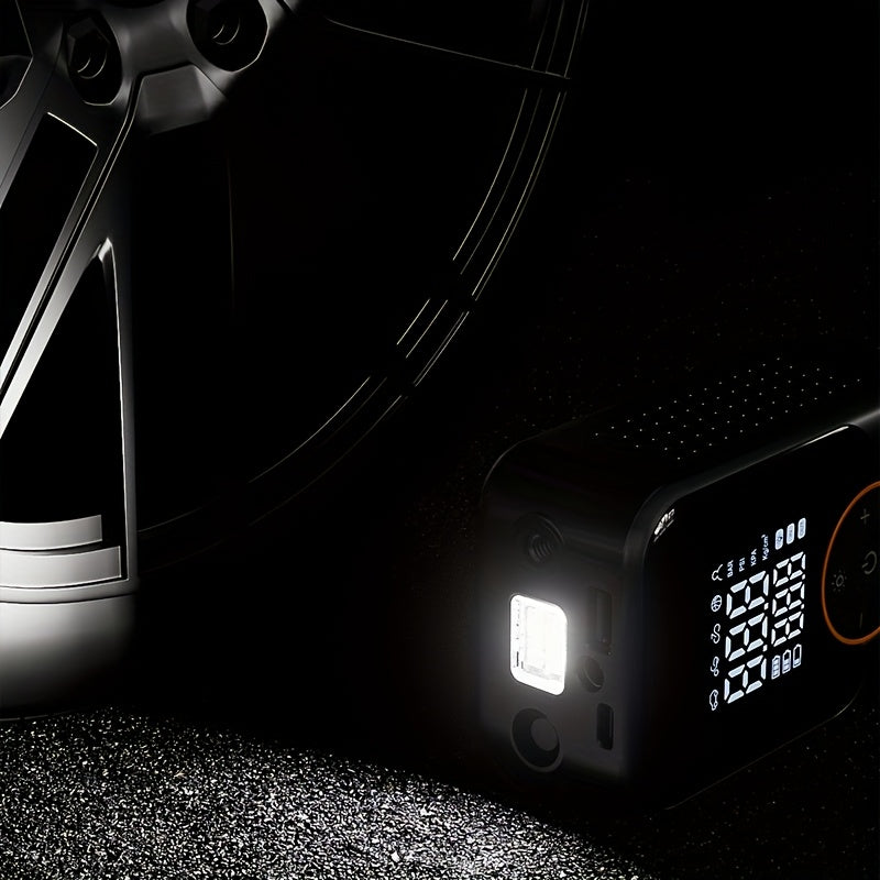 Portable wireless air pump with digital pressure gauge, built-in LED light and automatic pressure maintenance design, one-key smart air compressor, high-tech USB air compressor for cars, motorcycles, bicycles and sports equip