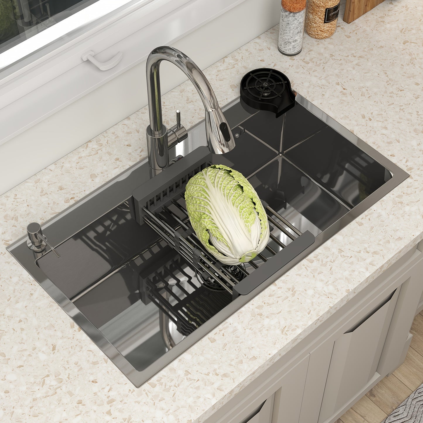 28" 30" 32" Kitchen Sink Stainless Steel Single Bowl Drop In Top Mount Imitation Honeycomb Nano Coating Single Bowl Kitchen Sink With Stainless Steel Drawable Faucet, Telescopic Basket, Soap Dispenser