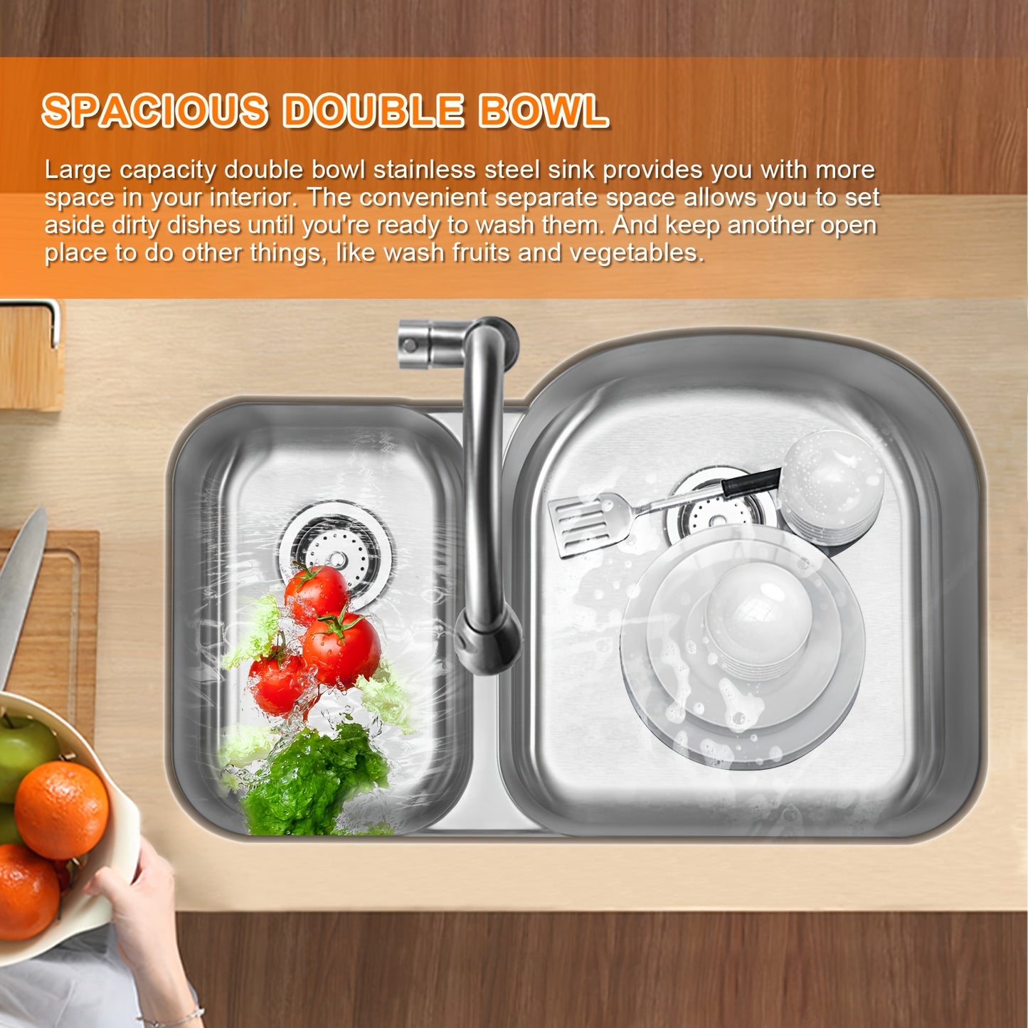 Precision-Crafted, Modern 9" Stainless Steel Undermount Kitchen Sink - Double Bowl, Soundproof Design with Accessories, Rust-Resistant & Easy Drainage, Basin Sink, 18 Gauge, JASSFERRY