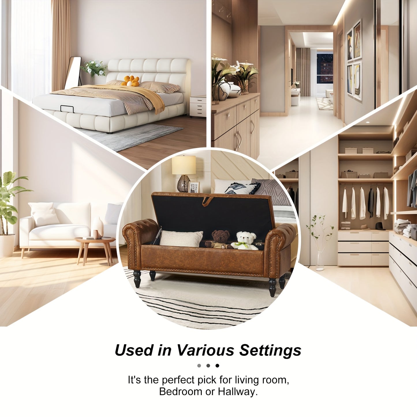 FURNIMART Luxury Mid-Century Modern Wooden Storage Bench with Roll-Up Arms - Large Capacity Flip-Top Design, Durable Recycled Wood, Easy Assembly for Bedroom, Living Room, Hallway