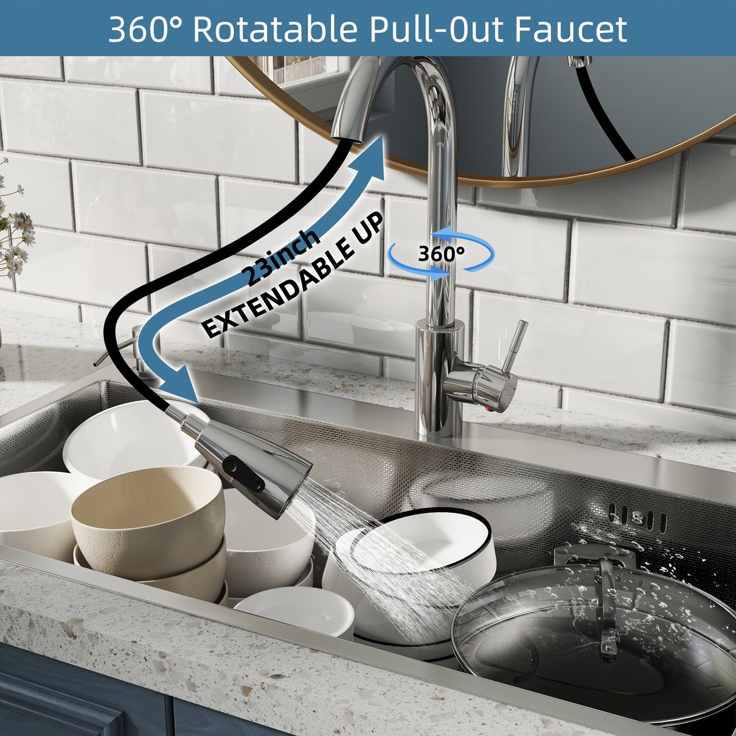 28" 30 "32" Kitchen Sink Stainless Steel Single Bowl Drip Top Installation Imitation Honeycomb Nano-coated Single Bowl Kitchen Sink Stainless Steel Retractable Faucet, Retractable Basket, Soap Liquid Dispenser, Cold And Hot A