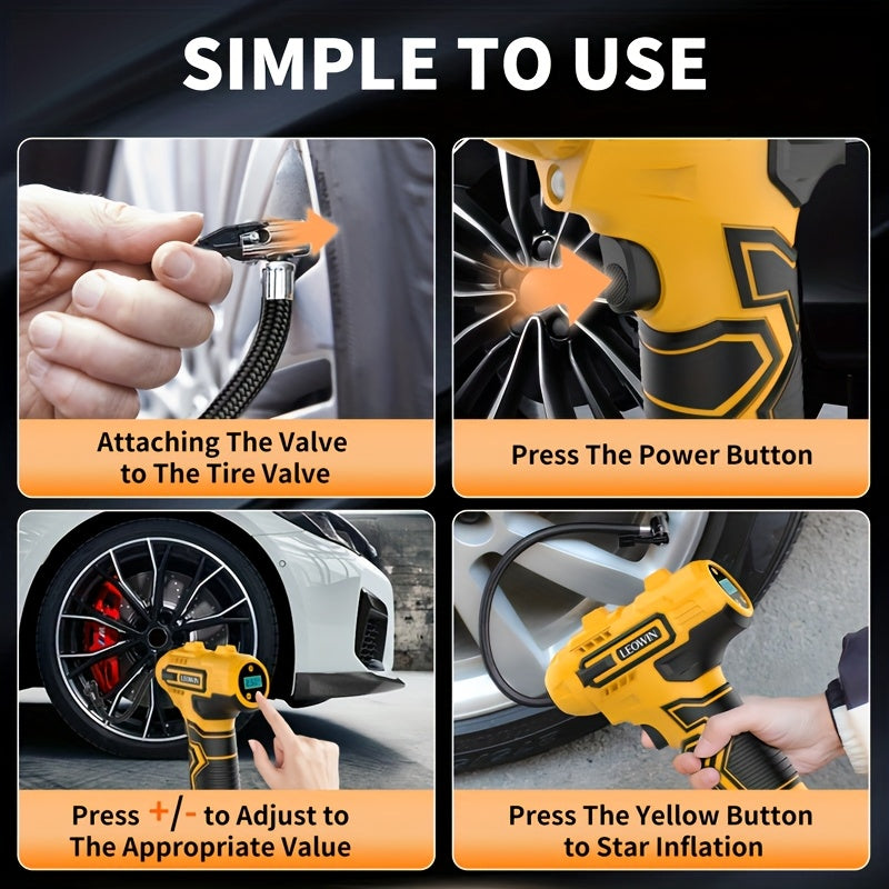 Tire Inflator Portable Air Compressor With Auto-Shutoff, Handheld Air Pump, 150 PSI Cordless Car Tires Pump With Digital Pressure Gauge/LED Light For Cars, Motorcycles, Bikes, Ball - Compact, Rechargeable, And Easy-to-Use Des