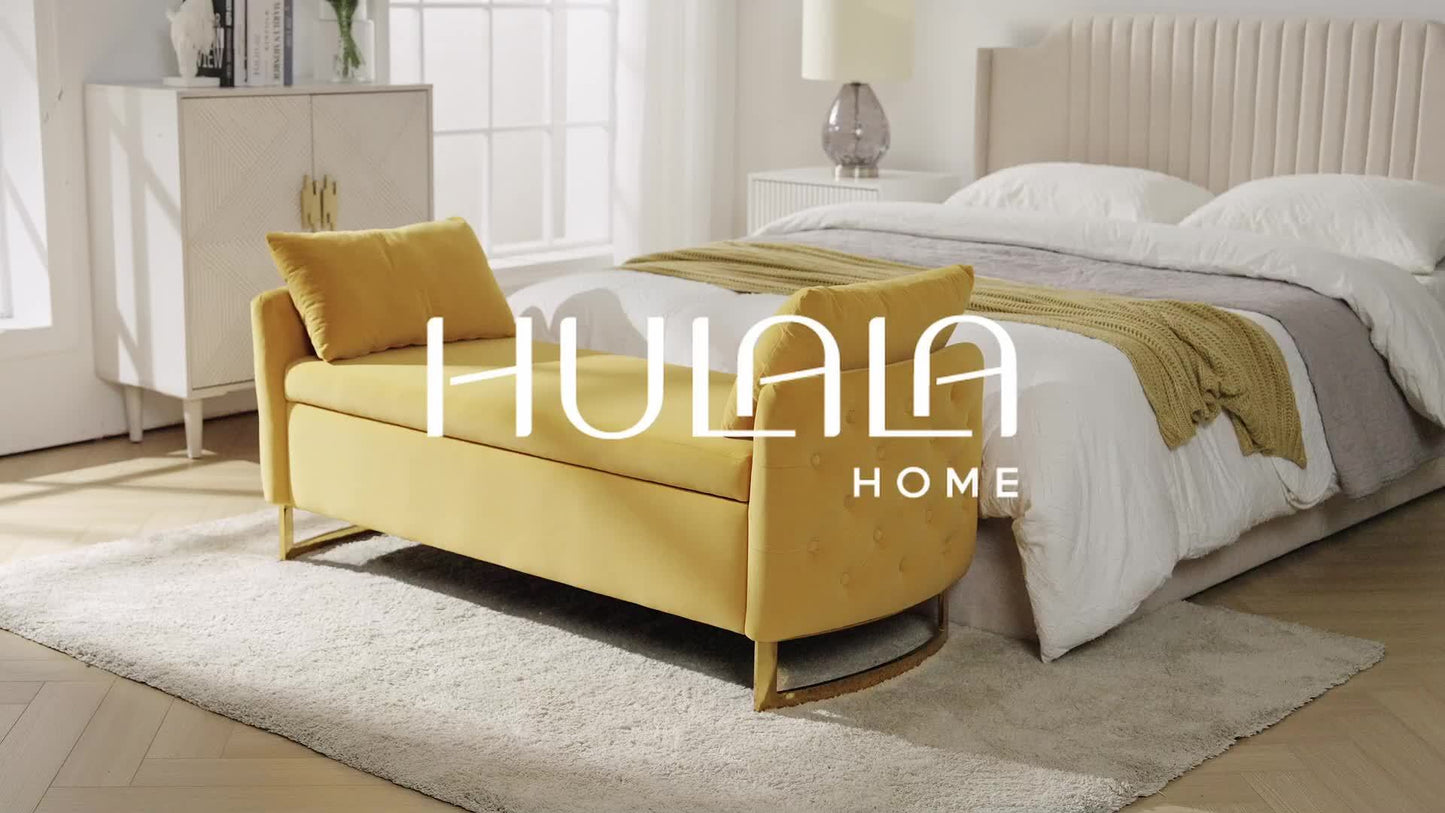 Modern Velvet Storage Ottoman Bench, 59 inch Large Upholstered End of Bed Bench King Size, Tufted Footstool with Arms Golden Base for Bedroom Living Room Entryway, BLACK