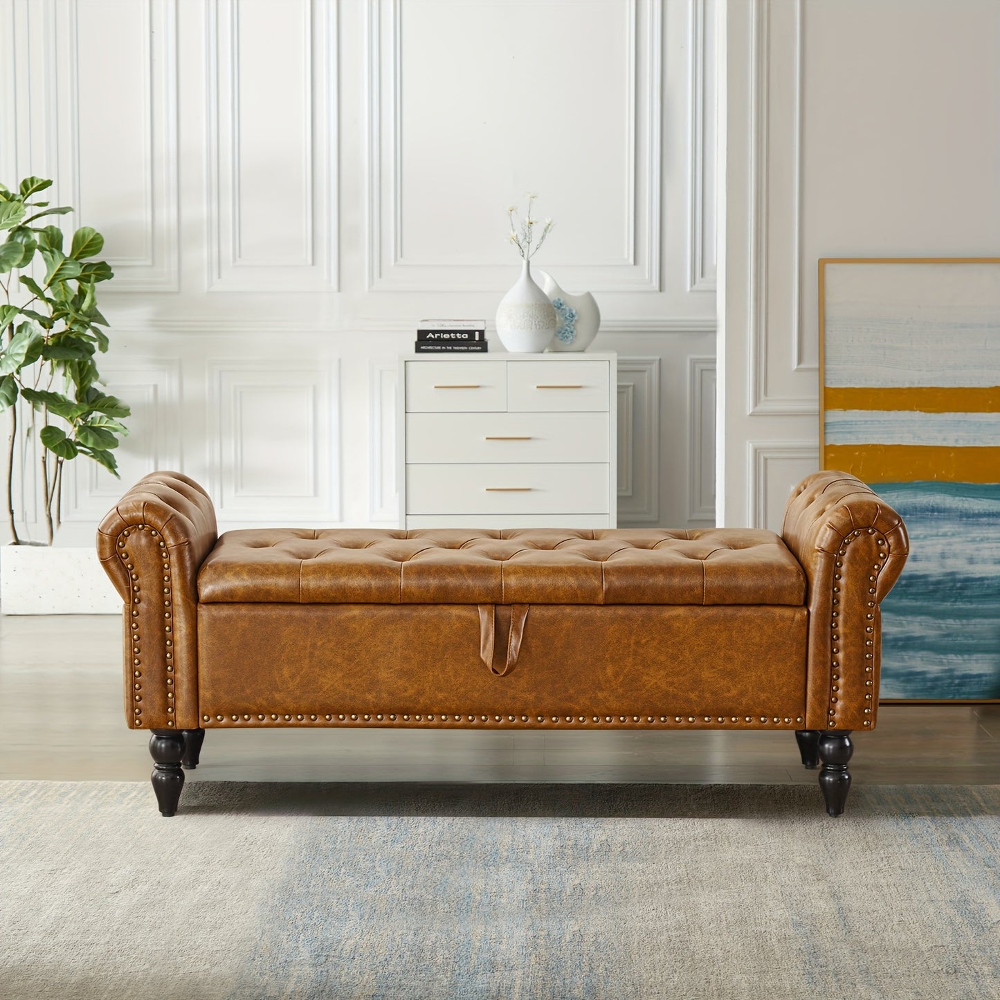 FURNIMART Luxury Mid-Century Modern Wooden Storage Bench with Roll-Up Arms - Large Capacity Flip-Top Design, Durable Recycled Wood, Easy Assembly for Bedroom, Living Room, Hallway