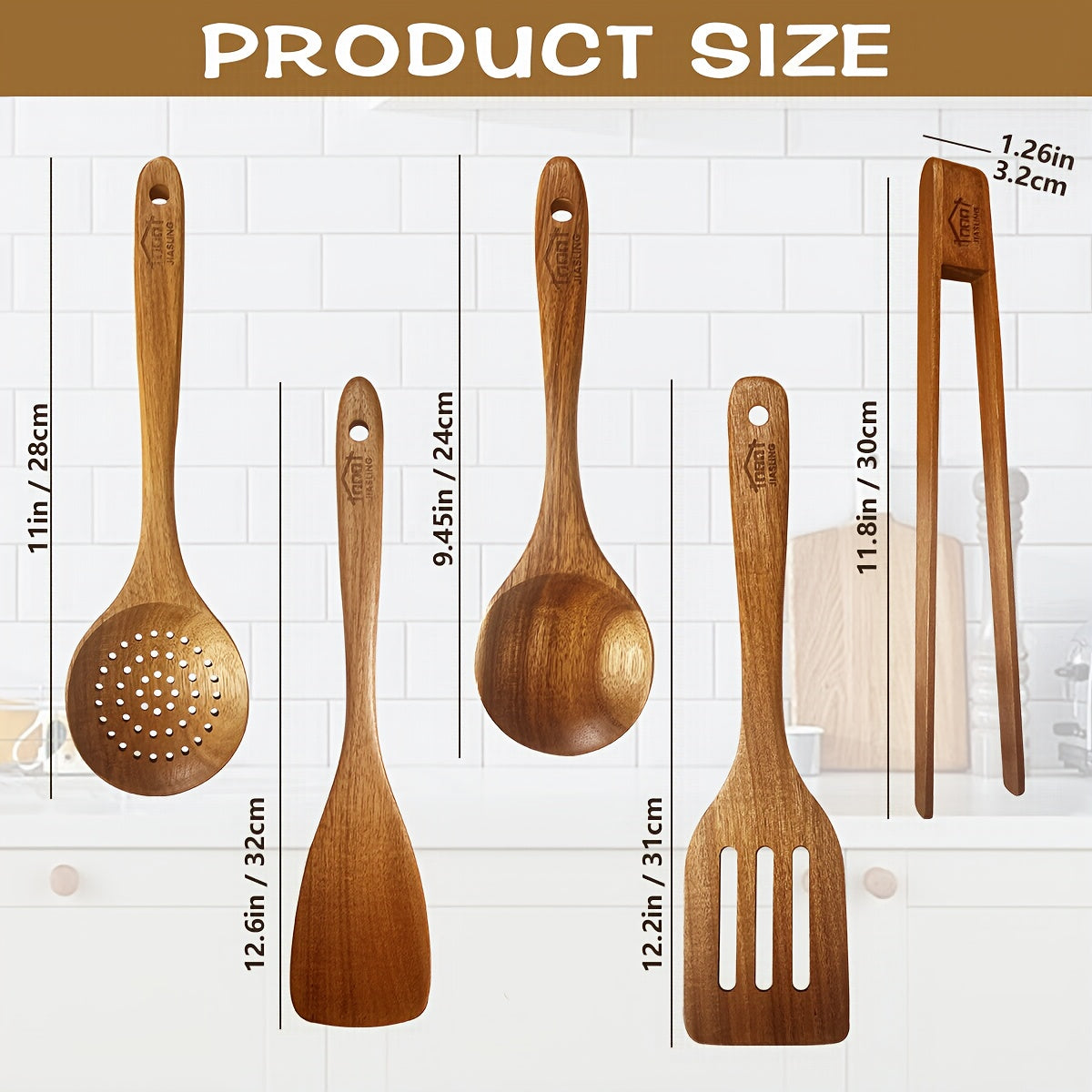 5pcs Premium Wooden Kitchen Utensils Kit -Ergonomic Handles Natural Wooden Spoons Spurtle Ladle and Wok Spatulas Heavy-Duty Wooden Utility Set for Non-Stick Pans Heat Resistant Easy to Clean and Durable Kitchen Essentials Coo
