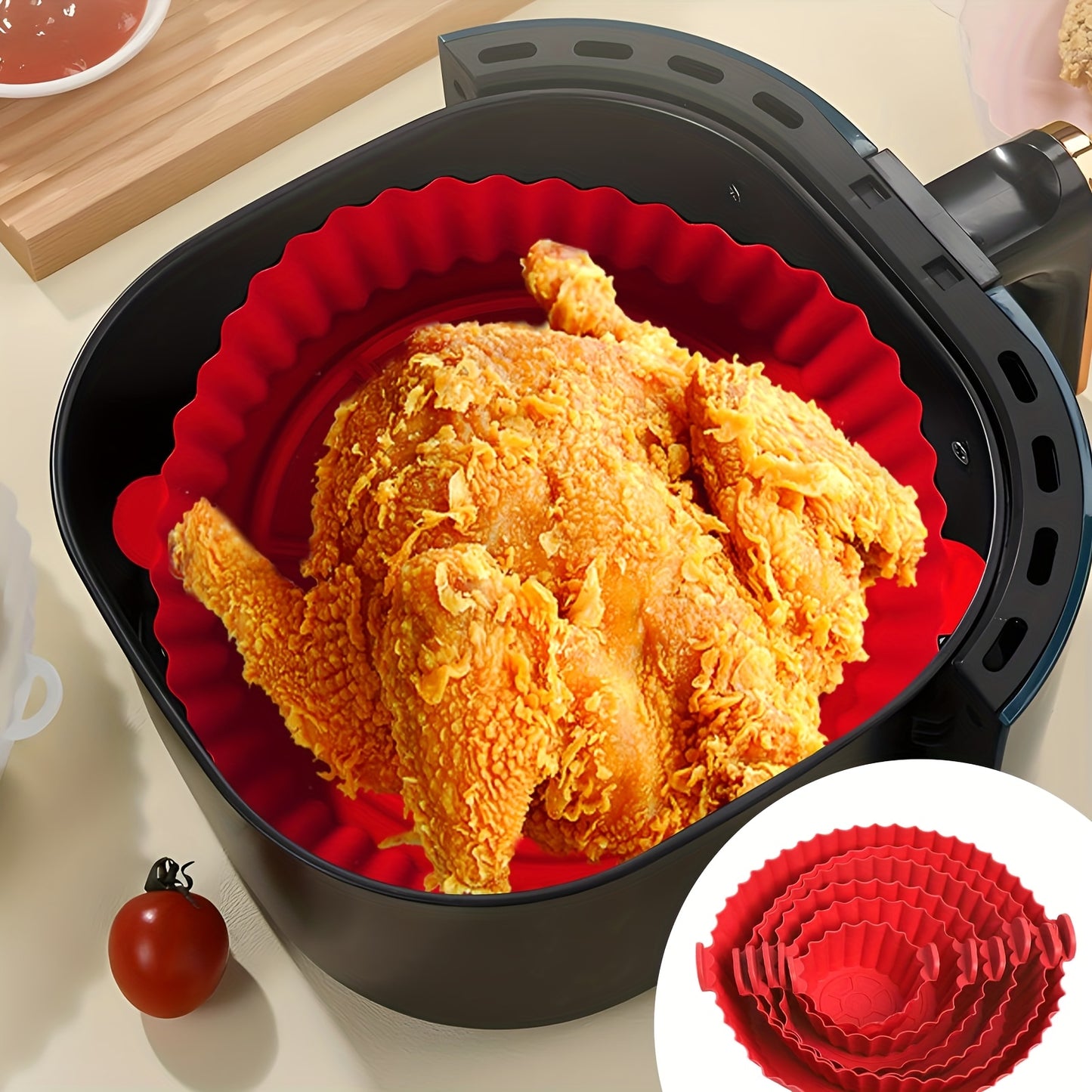 6 Red Silicone Liners for Air Fryers - Non-Stick, Featuring Wavy Edges for Even Cooking, Easy to Clean, Food Contact Safe, Perfect for Roasting Chicken, Fish, And Vegetables, Air Fryer Additions