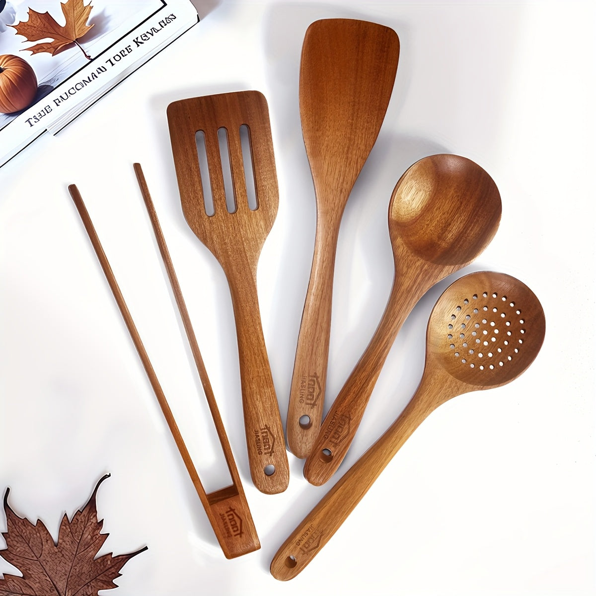 5pcs Premium Wooden Kitchen Utensils Kit -Ergonomic Handles Natural Wooden Spoons Spurtle Ladle and Wok Spatulas Heavy-Duty Wooden Utility Set for Non-Stick Pans Heat Resistant Easy to Clean and Durable Kitchen Essentials Coo