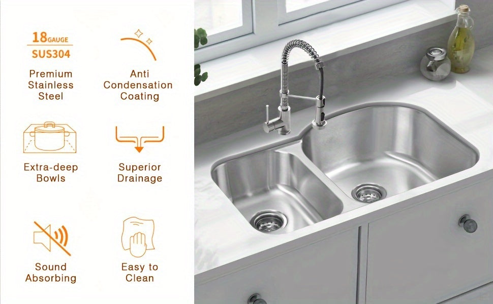 Precision-Crafted, Modern 9" Stainless Steel Undermount Kitchen Sink - Double Bowl, Soundproof Design with Accessories, Rust-Resistant & Easy Drainage, Basin Sink, 18 Gauge, JASSFERRY