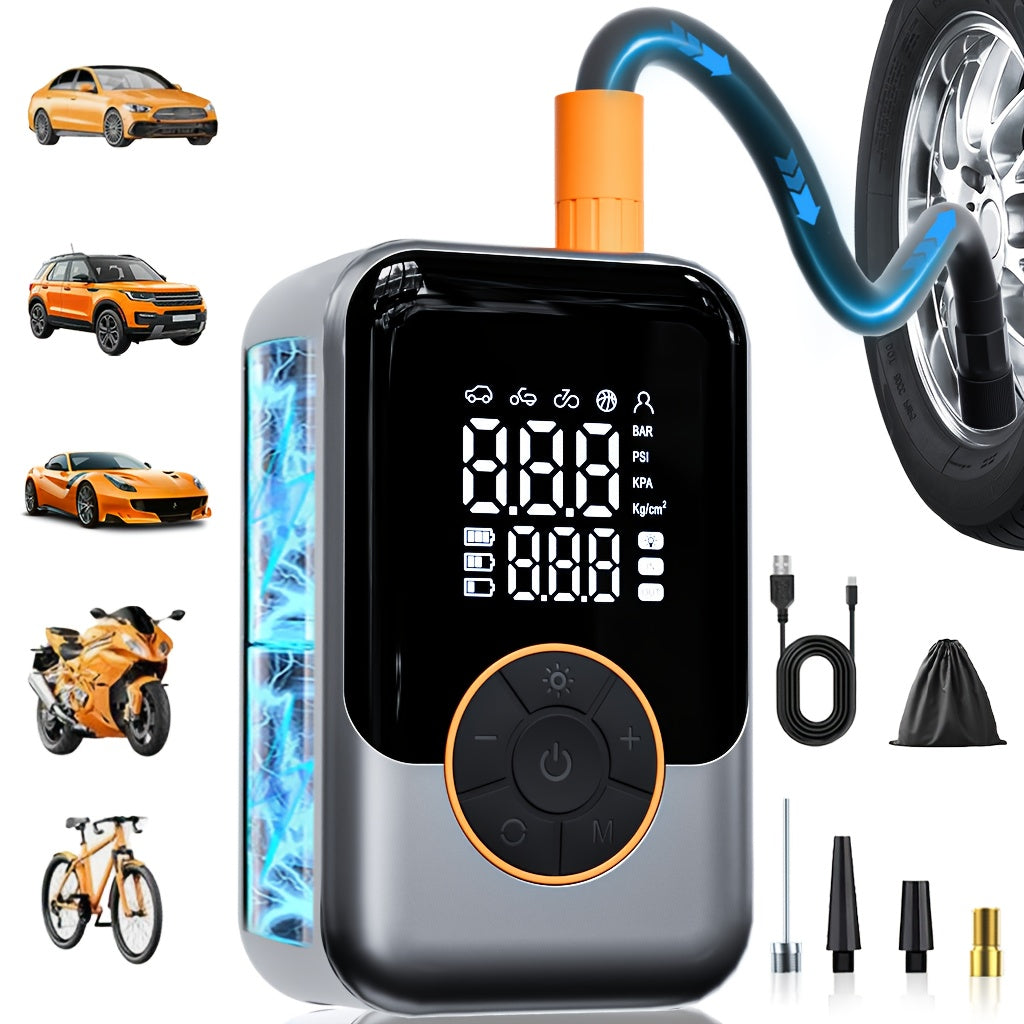 Portable wireless air pump with digital pressure gauge, built-in LED light and automatic pressure maintenance design, one-key smart air compressor, high-tech USB air compressor for cars, motorcycles, bicycles and sports equip