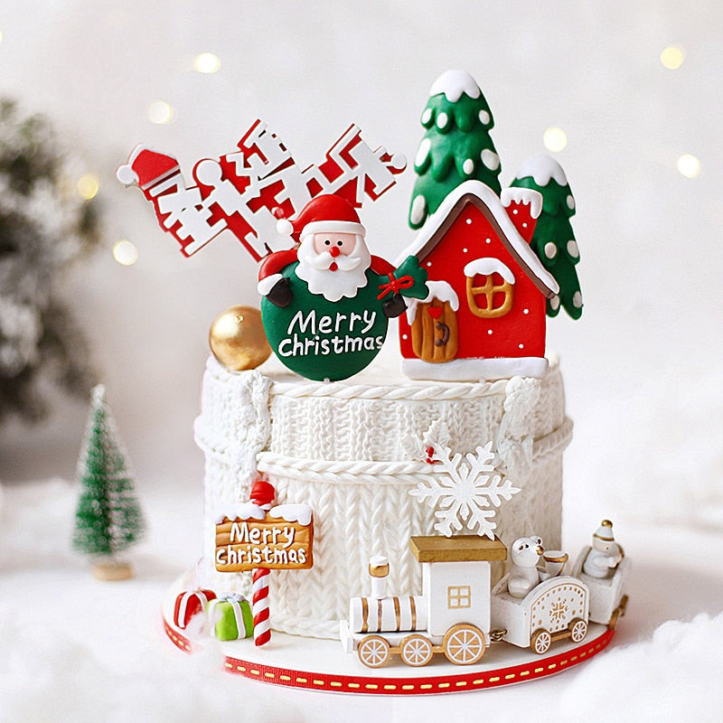 Santa Claus gift box Train Tree Merry Christmas Cake Toppers Happy New Year Decorations Party Baking Supplies