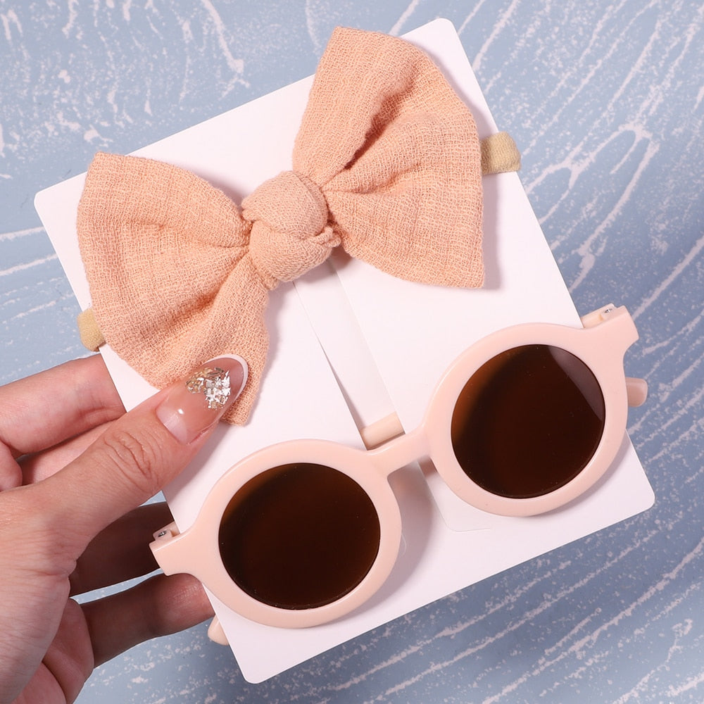 2Pcs/Pack Vintage Kids Summer Bows Headband Round Sunglasses