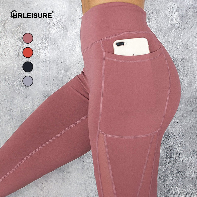 CHRLEISURE Pocket Sports Leggings Women Mesh Splicing Quick Dry Pants