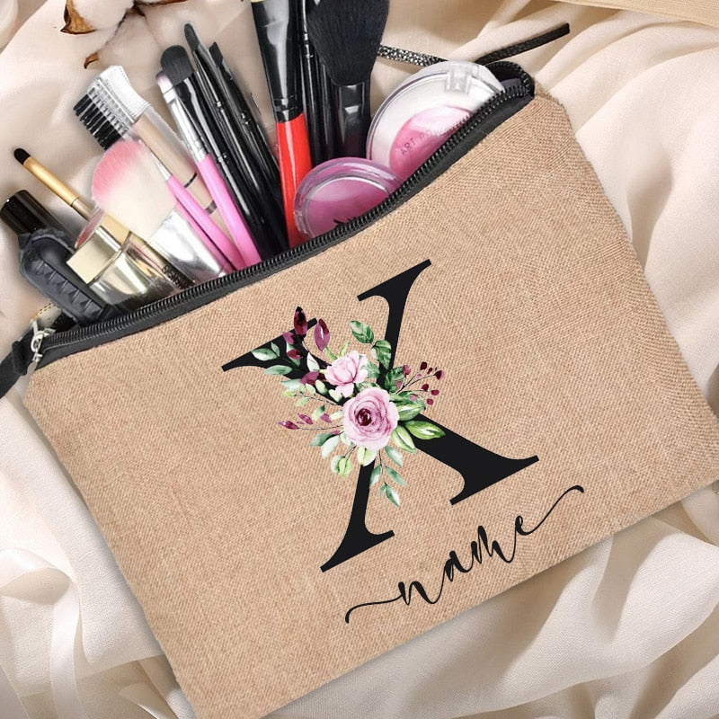 Customized Personalized Name Linen Cosmetic Bag Travel Beauty Makeup Bag